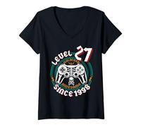 Womens Level 27 Unlocked Awesome Since 1998, Gamer 27th Birthday V-Neck T-Shirt