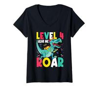 Women's Level 4 Hear Me Roar Dinosaur 4th Grade Squad Back to School V-Neck T-Shirt