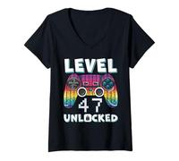 Womens Level 47 Unlocked Funny Video Gamer 47th Birthday Gaming V-Neck T-Shirt