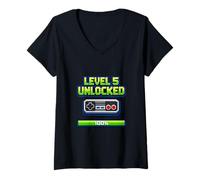 Women's Level 5 Unlocked Retro Gamer Pixel Art 5th Birthday V-Neck T-Shirt
