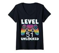 Womens Level 51 Unlocked Funny Video Gamer 51st Birthday Gaming V-Neck T-Shirt