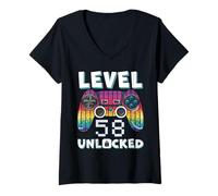Womens Level 58 Unlocked Funny Video Gamer 58th Birthday Gaming V-Neck T-Shirt