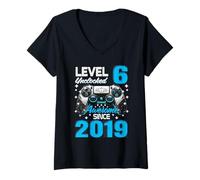 Womens Level 6 Unlocked Awesome Since 2019 6th Birthday Gaming V-Neck T-Shirt