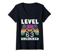 Womens Level 63 Unlocked Funny Video Gamer 63rd Birthday Gaming V-Neck T-Shirt