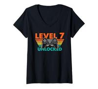 Women's Level 7 Unlocked Gamer Birthday Retro Controller V-Neck T-Shirt