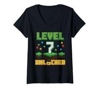 Womens Level 7 Unlocked Pixel Gamer 7th Birthday Gaming Boys Kids V-Neck T-Shirt