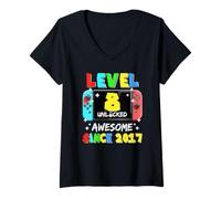 Womens Level 8 Unlocked Awesome Since 2017 Gaming 8th Birthday V-Neck T-Shirt