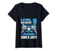 Women's Level 9 Unlocked Awesome 2017 Video Game 9th Birthday Boy V-Neck T-Shirt