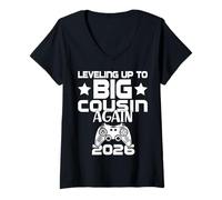 Womens Leveling Up To Big Cousin Again 2026 Pregnancy Announcement V-Neck T-Shirt