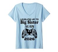 Womens Leveling Up To Big Sister Again 2026 Baby Announcement V-Neck T-Shirt