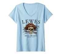 Women's Lewes Delaware Pirate Skull Since 1631 Black V-Neck T-Shirt