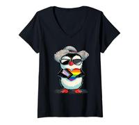 Womens LGBT Cute Penguin Heart Progressive Pride Flag LGBTQ+ V-Neck T-Shirt