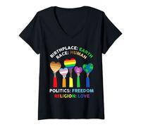 Womens LGBT race human birthplace earth religion love V-Neck T-Shirt