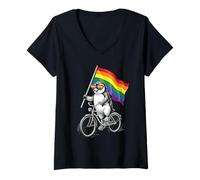 Women's LGBTQ Gay Flag Penguin Riding a Bicycle Pride Month Ally V-Neck T-Shirt