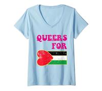 Womens LGBTQ+ Gay Lesbian Trans Pride Month. Queers For Palestine V-Neck T-Shirt