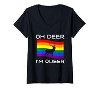 Womens LGBTQ+ Rainbow Flag - Oh Deer - I'm Queer V-Neck T-Shirt