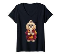 Women's Lhasa Apso Dog Tibetan Lion Dog Tea in Tibet Monk V-Neck T-Shirt