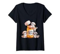 Women's Lhasa Apso Owner Dog Lover Enthusiast Happy Pill Lhasa Apso V-Neck T-Shirt