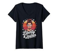 Womens Liberty and Lashes Patriotic Style V-Neck T-Shirt