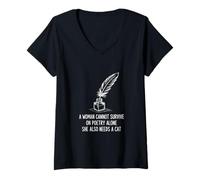 Women's Librarian Poetcore Cat and Poetry Design V-Neck T-Shirt