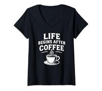 Womens Life Begins After Coffee Funny Caffeine Lover Espresso Quote V-Neck T-Shirt