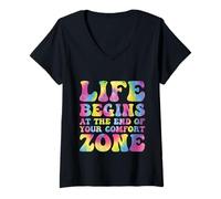 Womens Life Begins Comfort Zone Motivational Inspirational Tie-Dye V-Neck T-Shirt