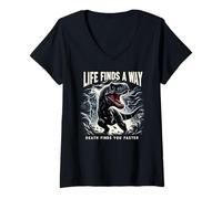 Womens Life Finds A Way Death Finds You Faster T Rex Dinosaur Pun V-Neck T-Shirt