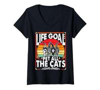 Womens Life Goal Pet All The Cats Funny Sarcastic Humor Cat Lover V-Neck T-Shirt
