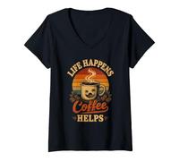 Women's Life Happens Coffee Helps Vintage Sunset Design V-Neck T-Shirt