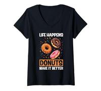 Women's Life Happens Donuts Make It Better Funny Donut V-Neck T-Shirt