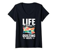 Women's Life Happens Quilting Helps Lover Quilt Maker Hobby V-Neck T-Shirt