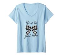Women's Life in the Fast Lane Checkered Bow V-Neck T-Shirt