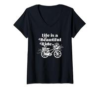 Womens Life is a Beautiful Ride Bicycle Floral Basket Vintage V-Neck T-Shirt