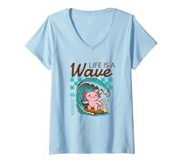 Women's Life is A Wave Funny Surfing Axolotl Retro Beach V-Neck T-Shirt
