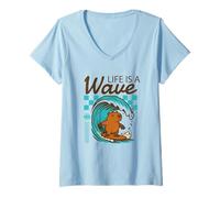 Women's Life is A Wave Funny Surfing Capybara Retro Summer V-Neck T-Shirt