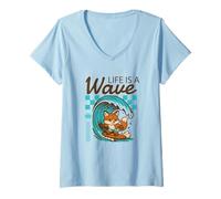 Women's Life is A Wave Funny Surfing Fox Retro Summer Beach V-Neck T-Shirt