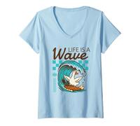 Women's Life is A Wave Funny Surfing Goose Retro Beach V-Neck T-Shirt