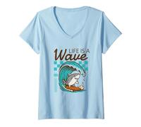 Women's Life is A Wave Funny Surfing Shark Retro Beach V-Neck T-Shirt