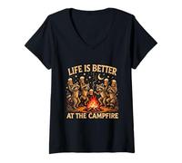 Women's Life is Better At The Campfire Raccoons Beer Vintage Camping V-Neck T-Shirt
