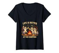 Women's Life is Better At The Campfire Unicorns Beer Vintage Camping V-Neck T-Shirt