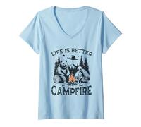 Women's Life is Better Campfire Bear Alien Camping UFO V-Neck T-Shirt