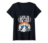 Women's Life is Better On Top Mountain Hiking Rainbow Sunset V-Neck T-Shirt