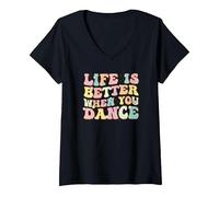Women's Life is Better When You Dance Wavy Dancer V-Neck T-Shirt, Black, X-Large