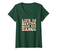 Women's Life is Better When You Dance Wavy Dancer V-Neck T-Shirt, Dark Green, Small