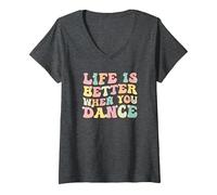 Women's Life is Better When You Dance Wavy Dancer V-Neck T-Shirt, Dark Heather Grey, Large