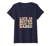 Women's Life is Better When You Dance Wavy Dancer V-Neck T-Shirt, Navy Blue, XX-Large