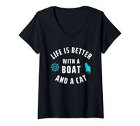 Womens Life is Better With A Boat And A Cat Captain Sailor Nautical V-Neck T-Shirt