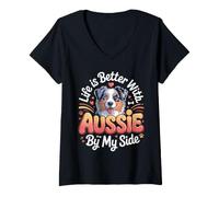 Women's Life is Better with an Aussie by My Side Australian Shepherd V-Neck T-Shirt