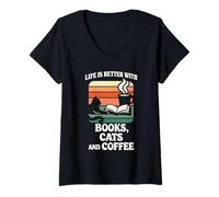 Women's Life is Better with Books and Cats Reading Cat Cafe Library V-Neck T-Shirt