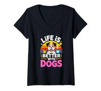 Women's Life is Better with Dogs Retro Dog Lover Sunset V-Neck T-Shirt